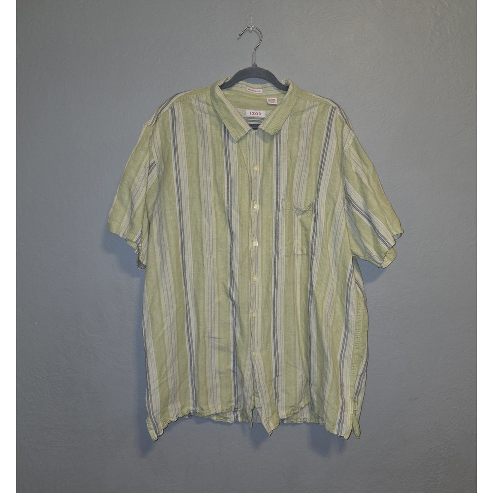 IZOD Linen Blend Green Striped Button Up Camp Shirt Beach Resort Coastal Sz XXL